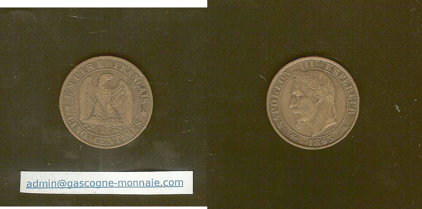 5 centimes Napoléon III tête laurée 1863 A Paris TTB+
